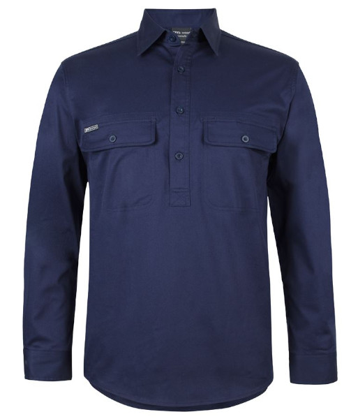6WLCS JB’s Long Sleeve 150g Cotton Stretch Close Front Work Shirt, Navy, Sizes 3XS to 5XL