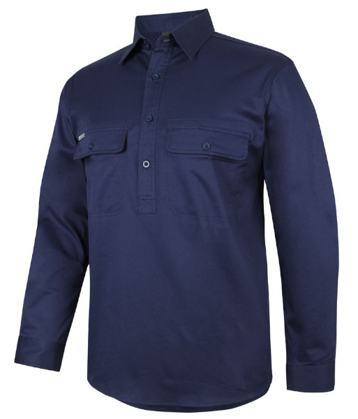 6WLCS JB’s Long Sleeve 150g Cotton Stretch Close Front Work Shirt, Navy, Sizes 3XS to 5XL