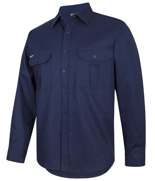 6WLS JB’s Long Sleeve 190g Cotton Work Shirt, Navy, Sizes 2XS to 5XL