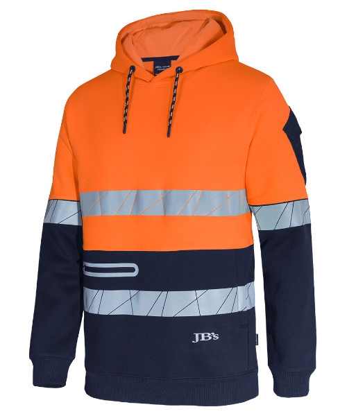 6DPFP JB’s Hi Vis Day/Night Pull Over Hoodie with Fragmented Tape, Orange/Navy, Sizes 2XS to 5XL